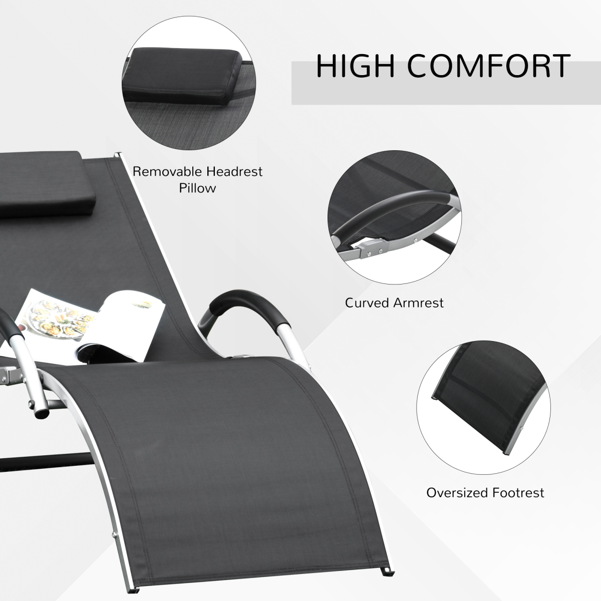 Ergonomic Lounger Chair Removable Headrest Aluminium Black