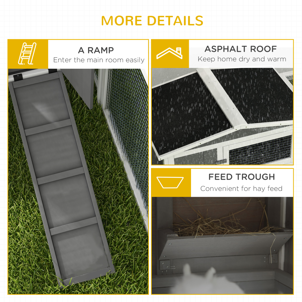 PawHut Rabbit Hutch and Run Outdoor w/ Sliding Tray Hay Rack Ramp, 156x58x68cm