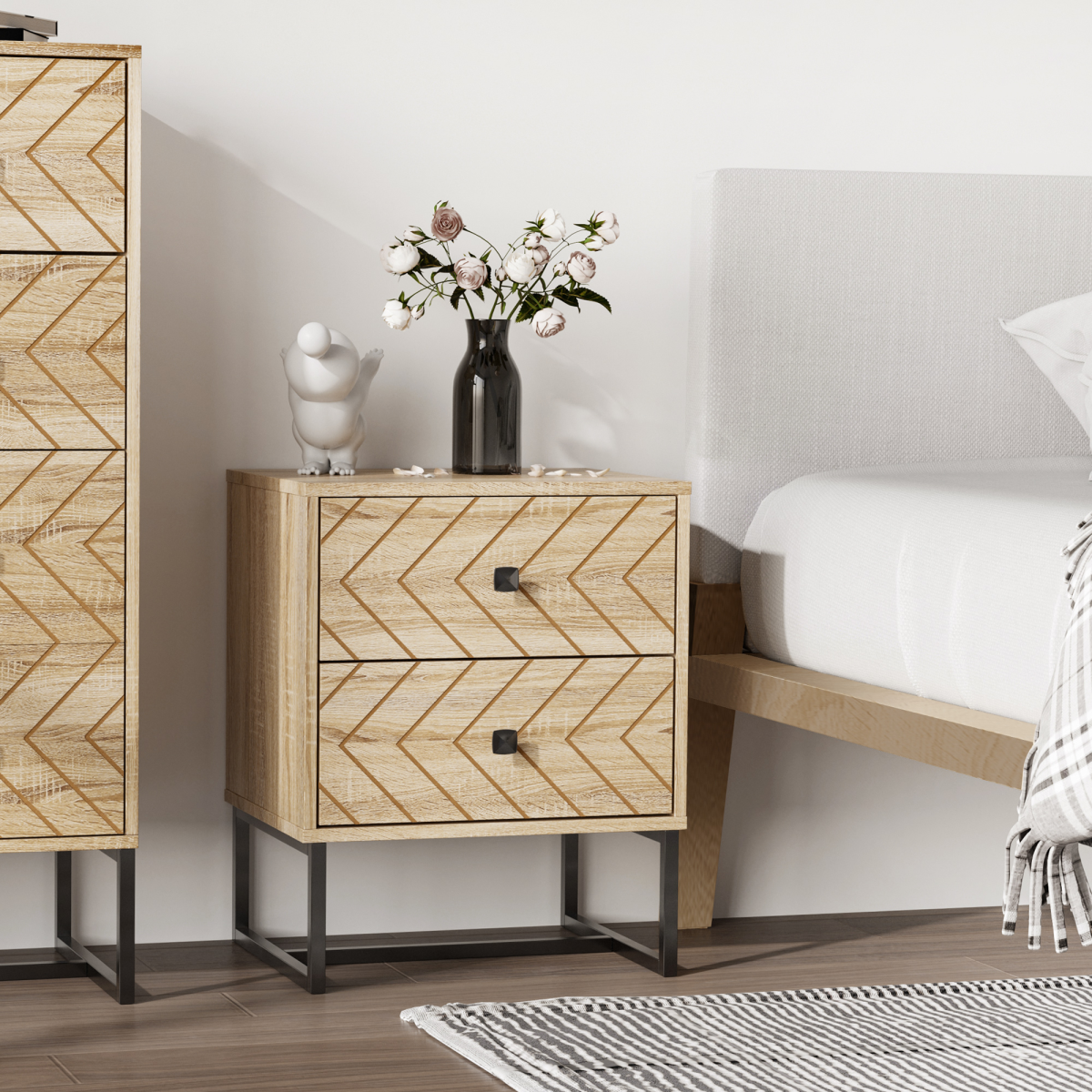 Bedside Table 2 Drawer Unit  Zig Zag Design w/ Black Metal Handles