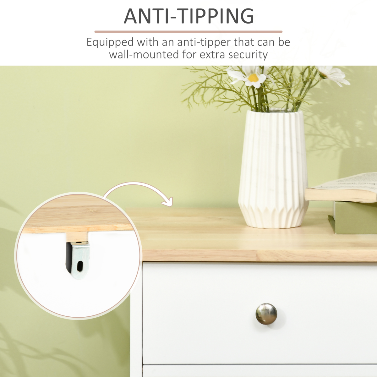 Sideboard with Rubberwood Top, Buffet Drawers and Adjustable Shelves White