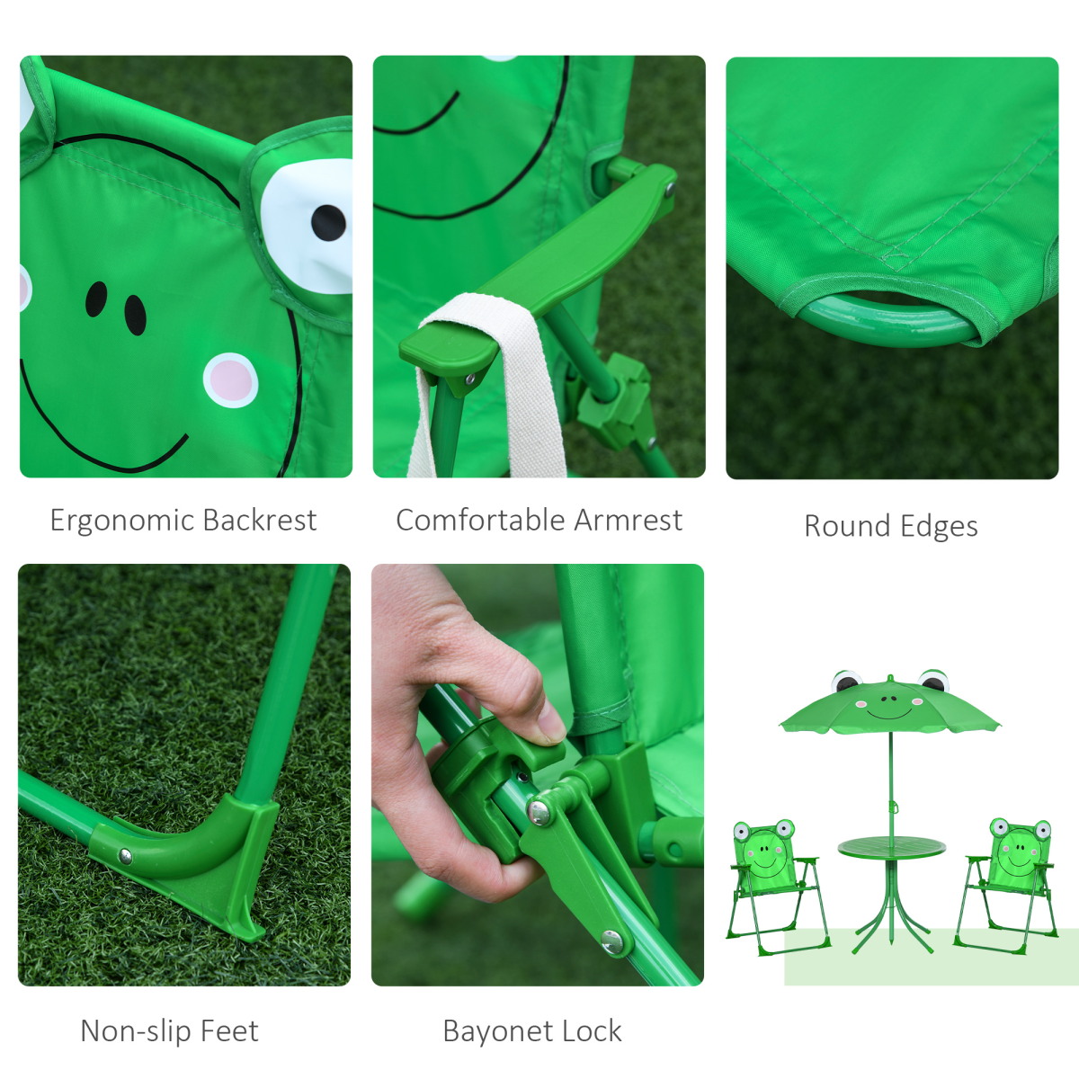 Foldable Patio Kids Metal Picnic Table w/ Frog Umbrella Green 4-piece