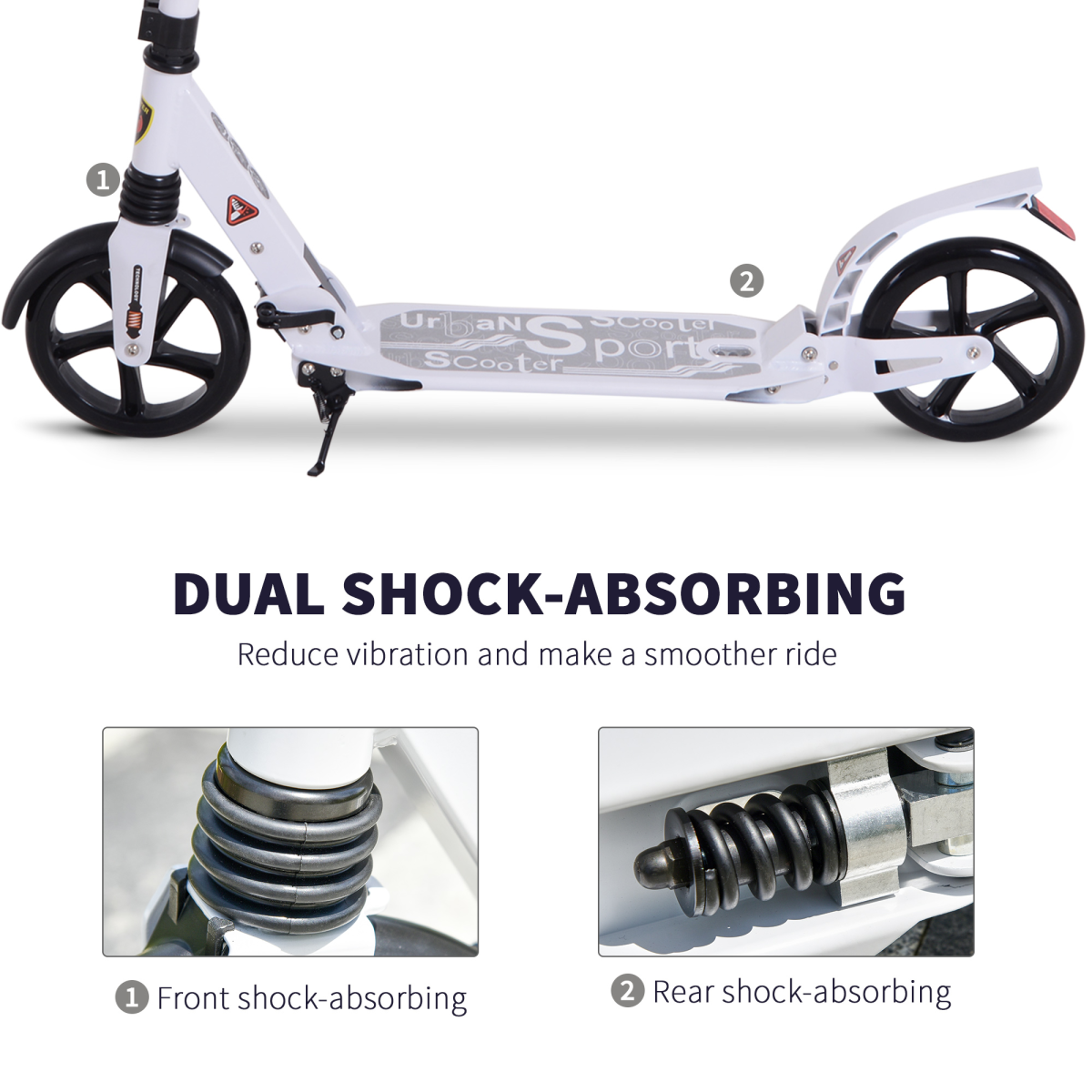 Kick Scooter Folding 2 Big Wheels Adjustable  Adult Teens For 14 White HOMCOM