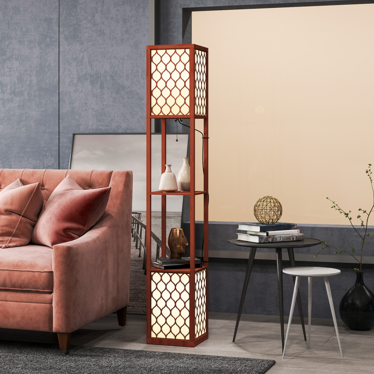 HOMCOM 2-Light Modern Floor Lamp with Shelves for Living Room, Bedroom, Brown