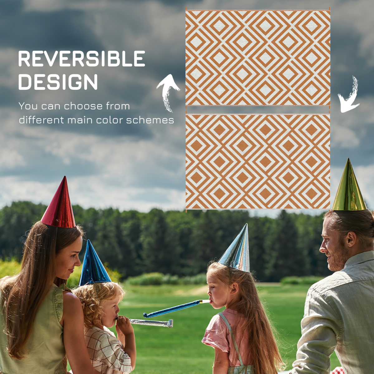 Reversible Outdoor Rug W/ Carry Bag for RV Camping Beach, 182 x 274 cm, Brown