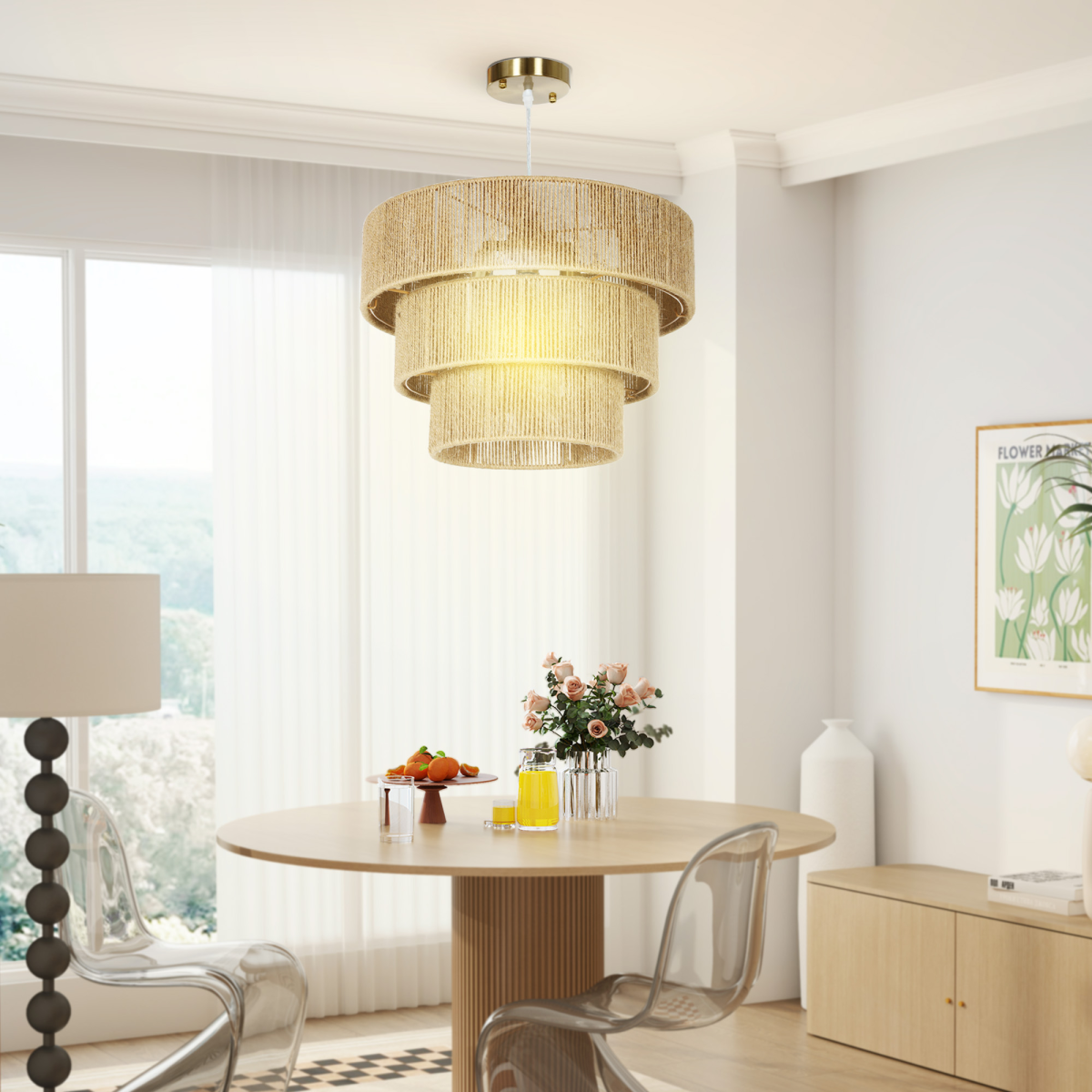 HOMCOM Boho Hemp Rope Pendant Light, Ceiling Light for Bedroom, Light Brown
