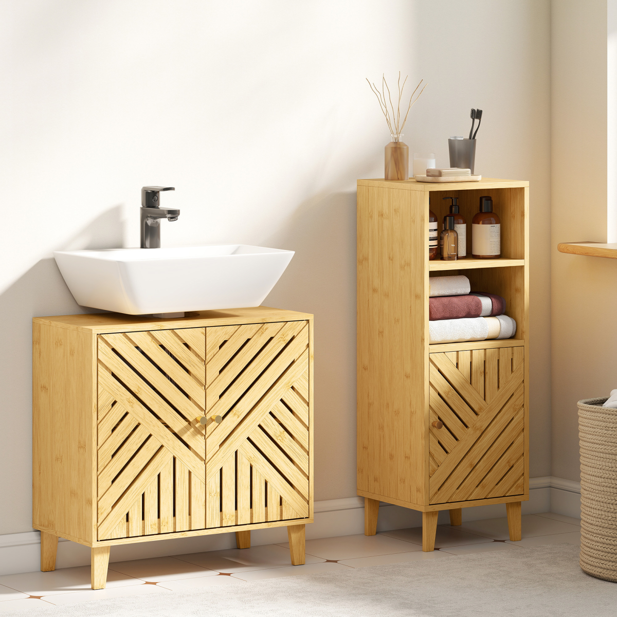 HOMCOM Bamboo Bathroom Under Sink Cabinet with Adjustable Shelf, Natural