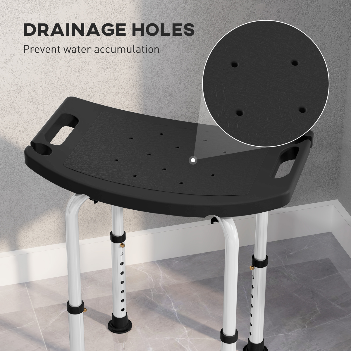 HOMCOM Aluminium Shower Stool w/ Adjustable Height Non-Slip Bath Stool Black