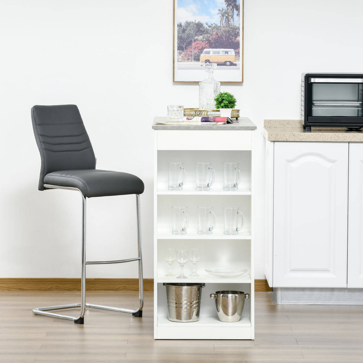 HOMCOM Bar Table Coffee Table Kitchen Dining Table with 4-Tier Shelf Grey