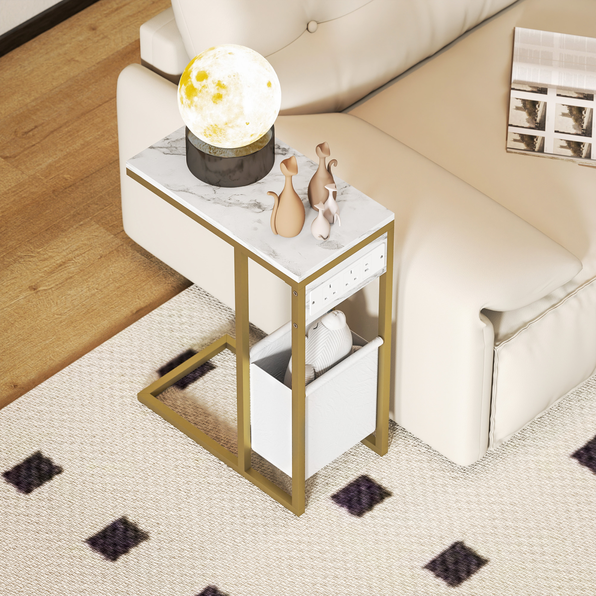 HOMCOM C Shaped Side Table, Faux Marble Bedside Table with Charging Station