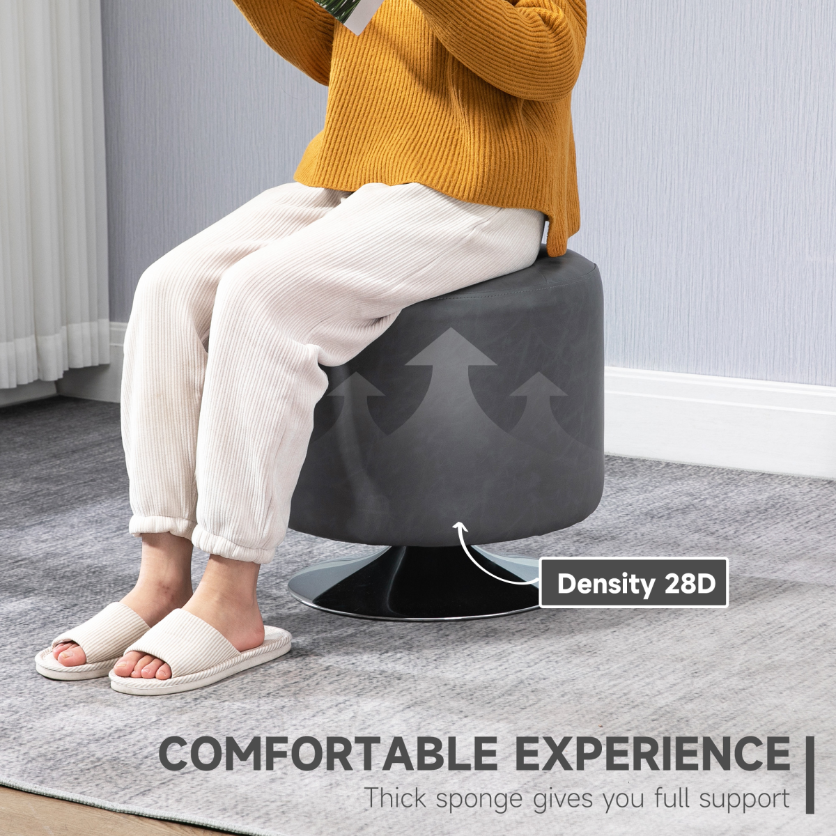 360 Swivel Foot Stool PU Ottoman w/ Thick Padding & Steel Base, Grey