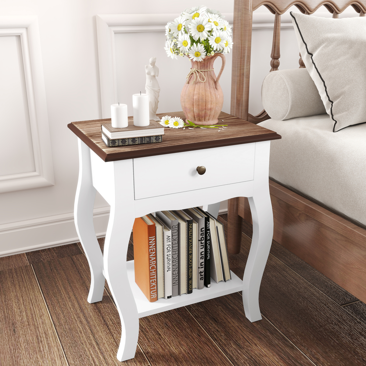 HOMCOM Bedside Tables Set of 2, Bedside Cabinets with Drawer, Shelf, White