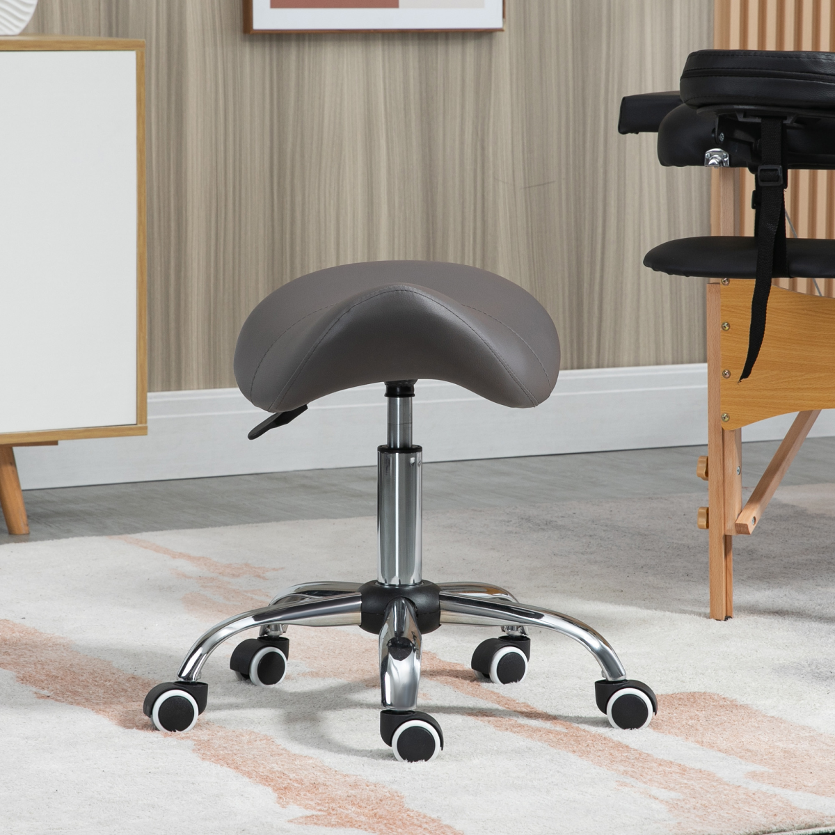 HOMCOM PU Leather Saddle Stool w/ Moulded Padded Seat Adjustable Height Grey
