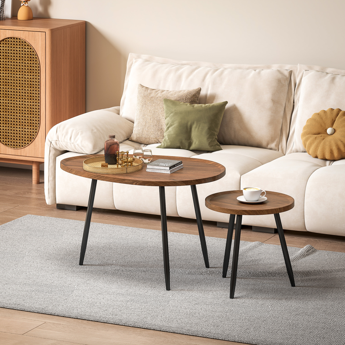 HOMCOM 2 80cm Sofa Side Table Set of 2 with Metal Legs, Chestnut Wood Effect