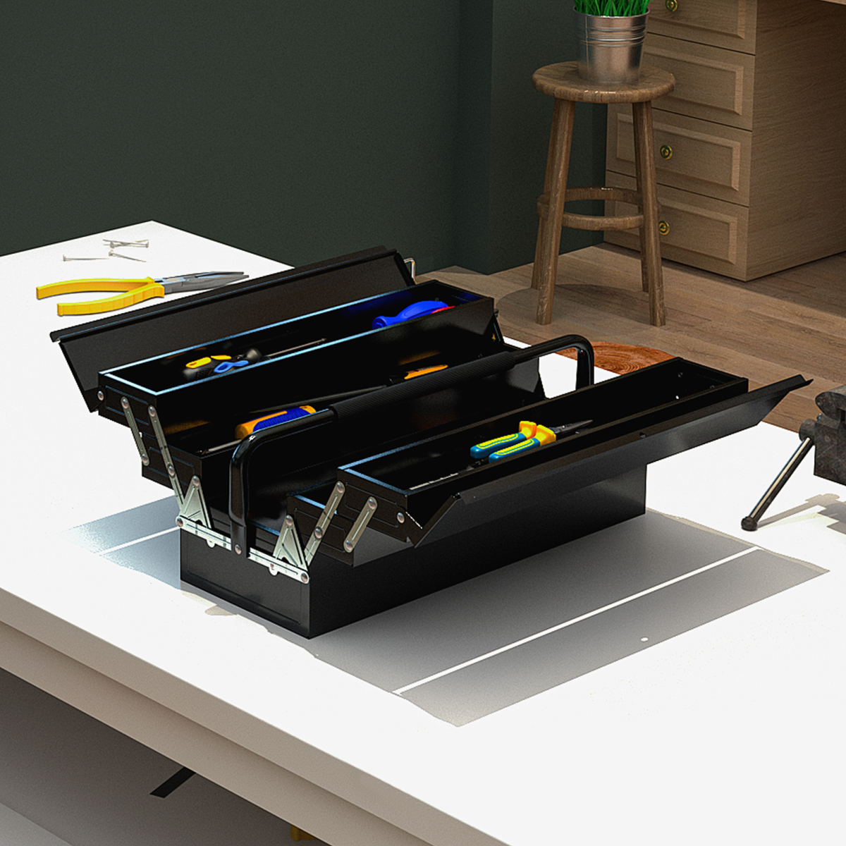DURHAND 3 Tier Metal Toolbox with 5 Tray Carry Handle 56cmx20cmx34cm Black