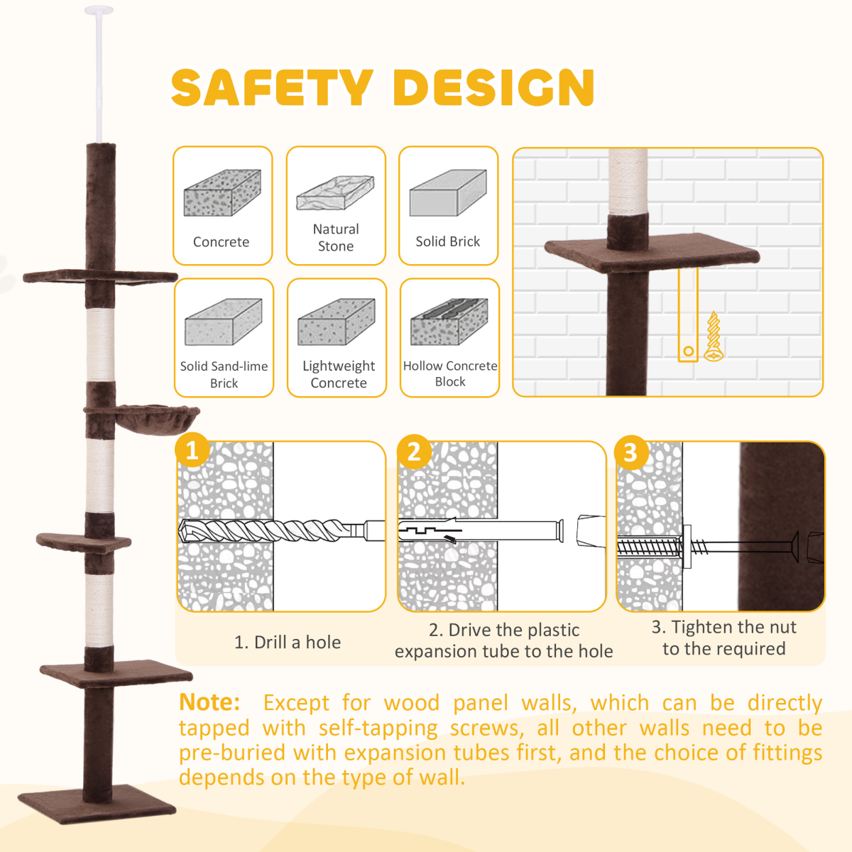 Floor to Ceiling Cat Tree for Indoor Cats 5-Tier Kitty Tower Brown