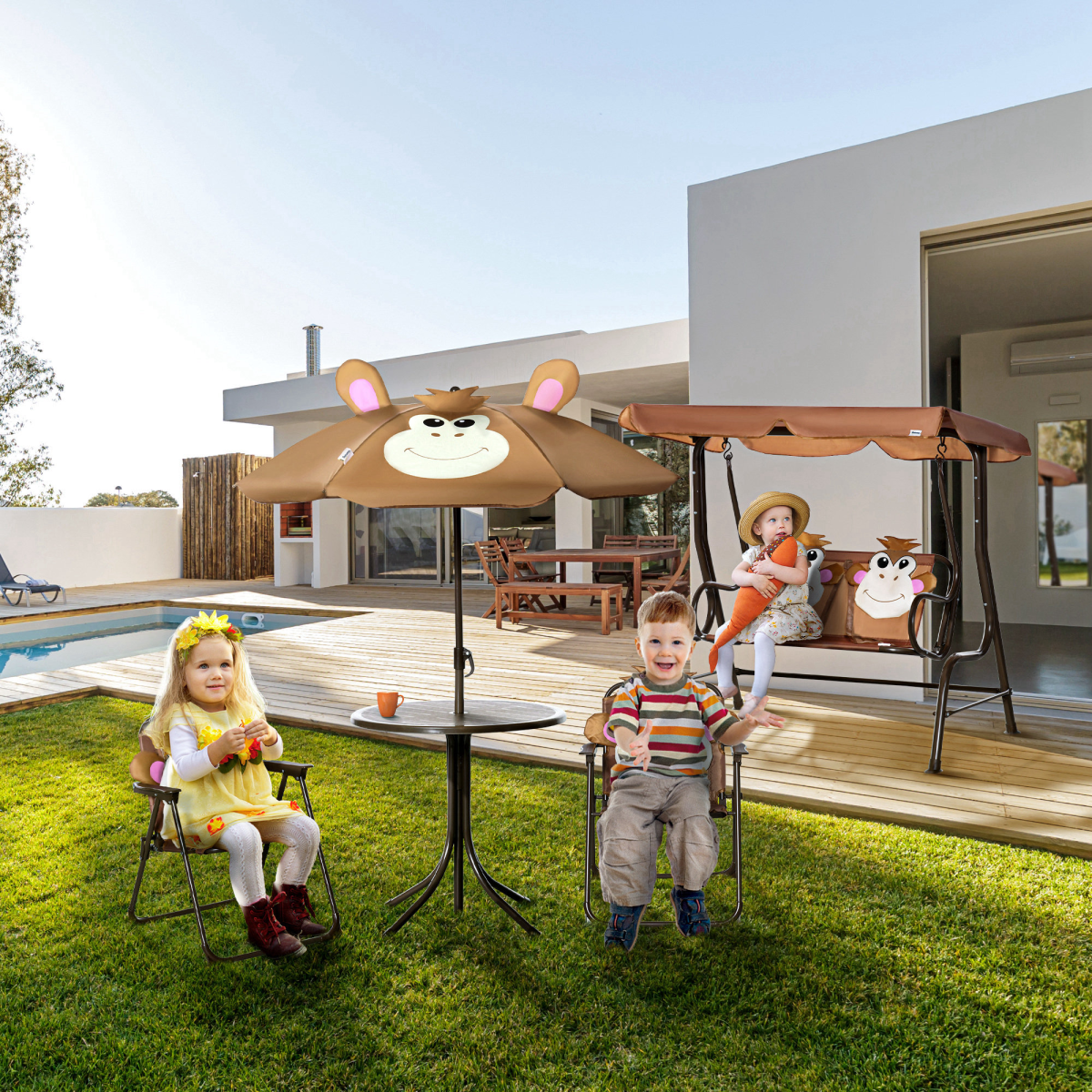 Kids Foldable Four-Piece Garden Set Table, Chairs, Umbrella