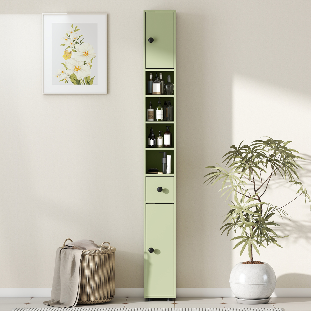 kleankin Slim Bathroom Cabinet, Toilet Roll Storage w/ Open Shelves, Green