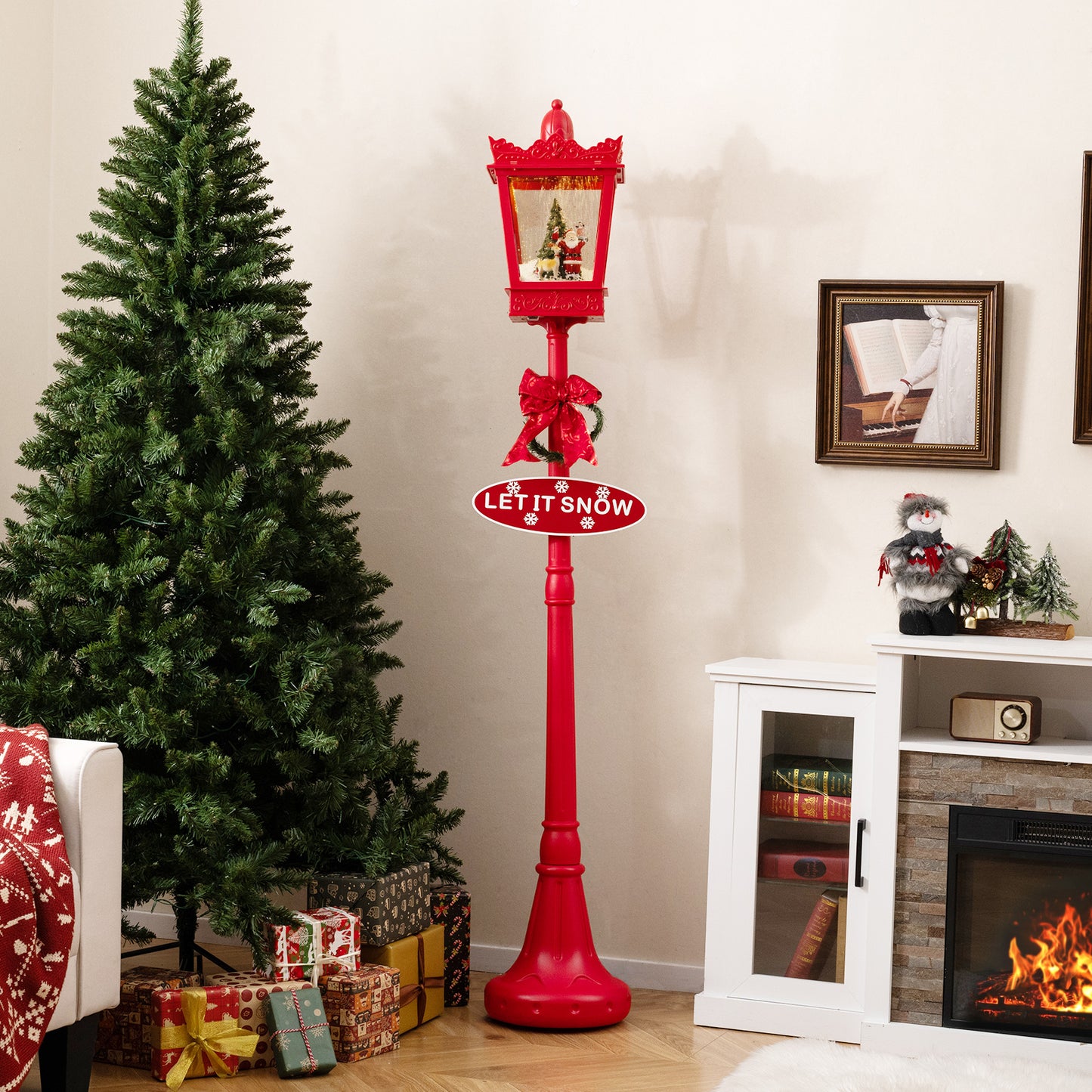 8 ft Musical Christmas Streetlight Xmas Lamp Post with Warm White LED Lights and Snowy Effects-Red