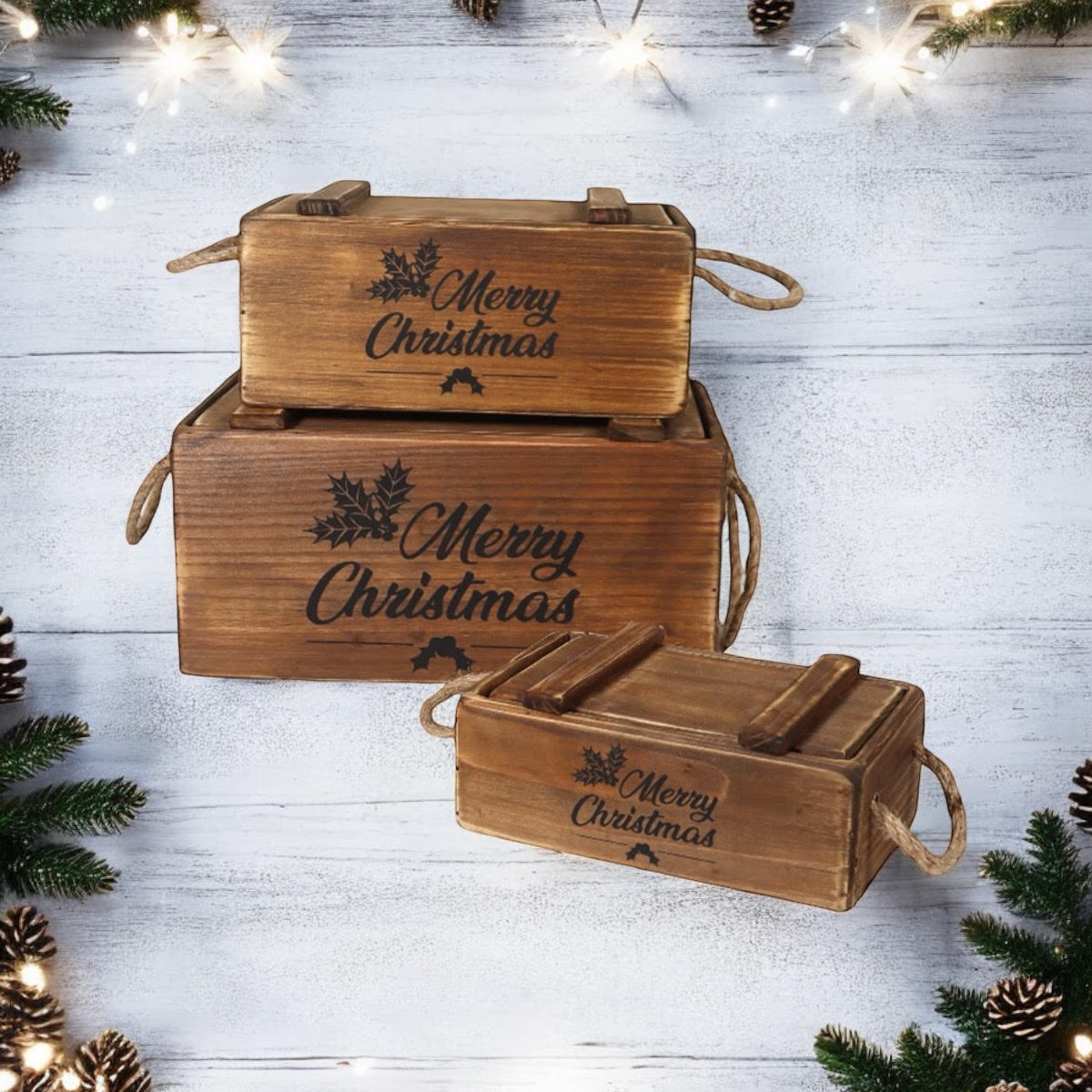 SET 3 WOODEN CRATES WITH LIDS ROPE HANDLES