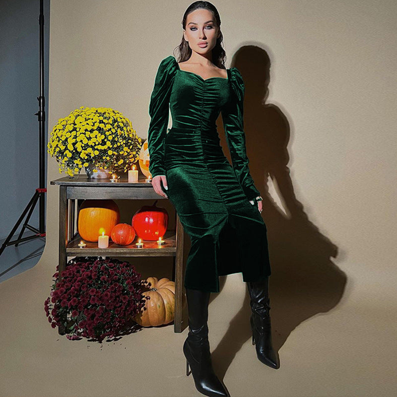 Women's Pleated Slim Fit Slit Long-sleeved Dress