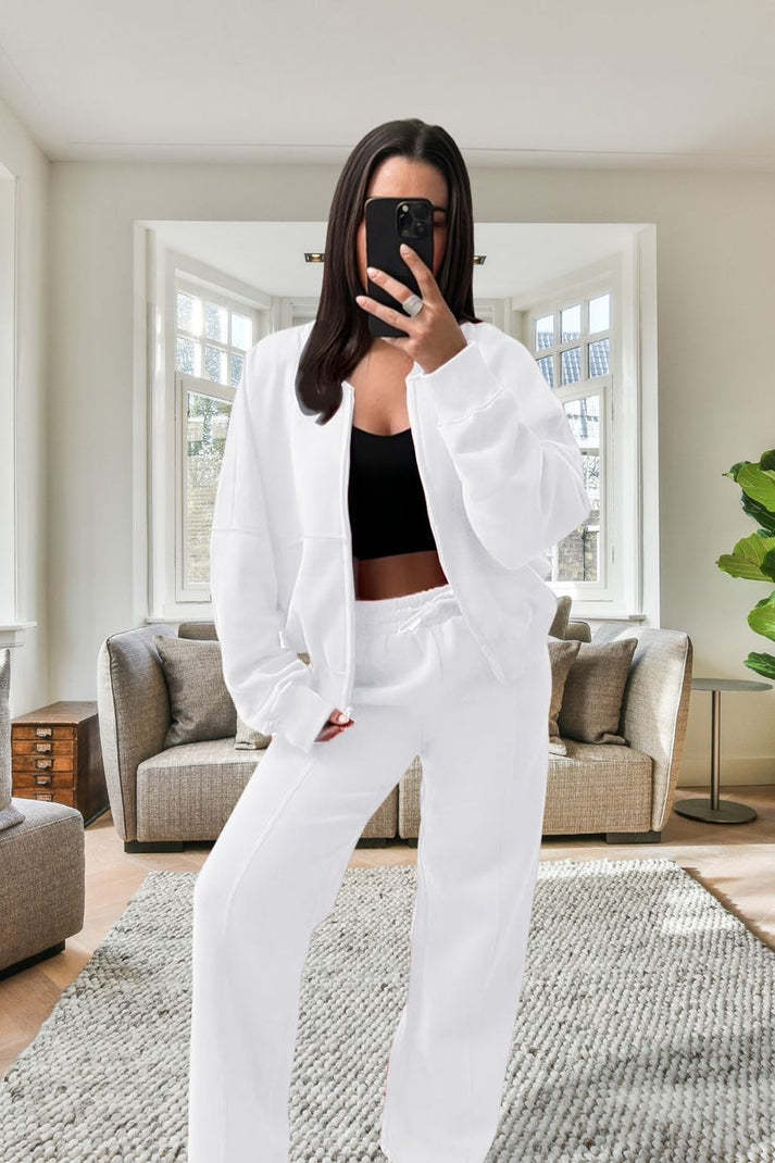 Women's Oversized Fleece Bomber Tracksuit  Zipper Jacket & Wide-Leg Pants Set