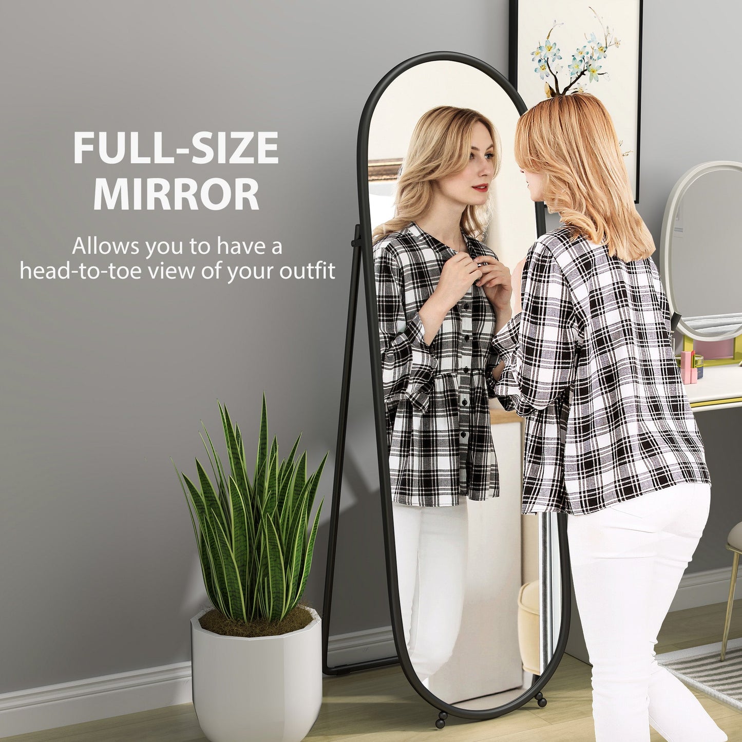 HOMCOM Oval Full Length Mirror with Metal Frame Hanging or Leaning Black