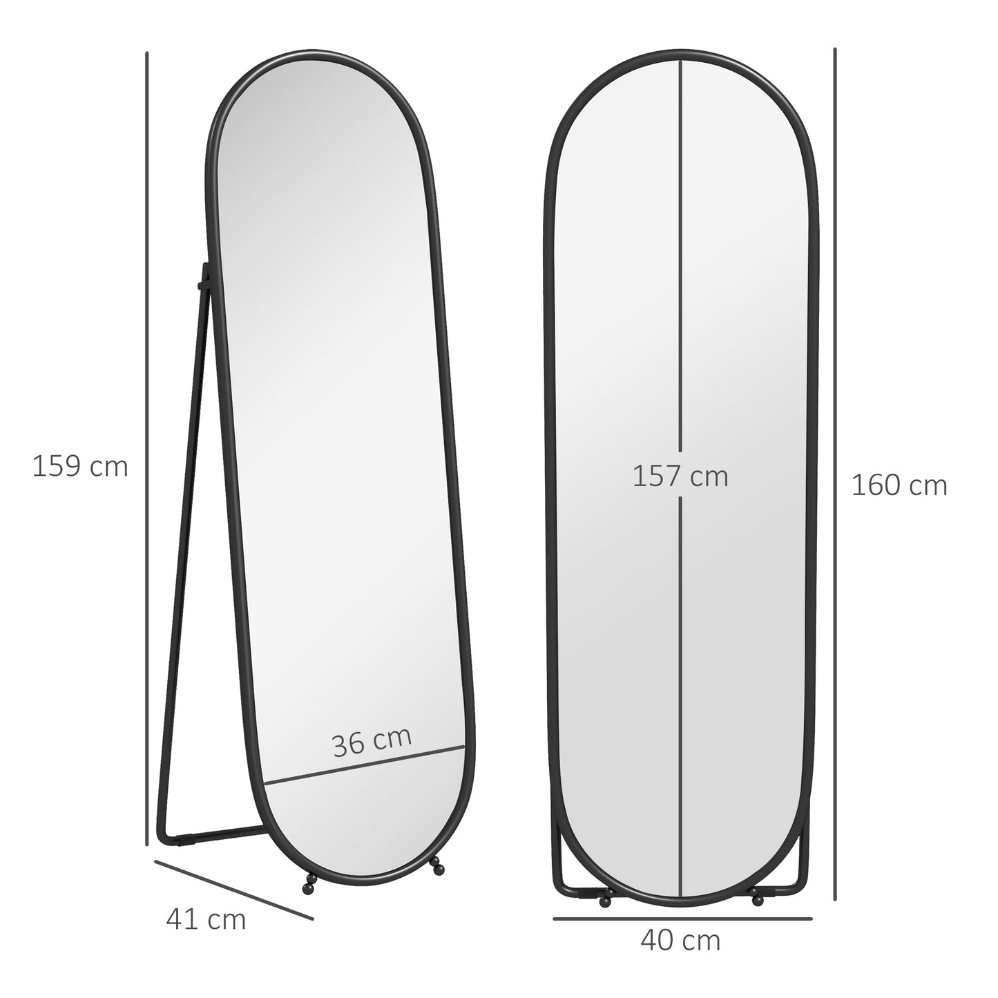 HOMCOM Oval Full Length Mirror with Metal Frame Hanging or Leaning Black