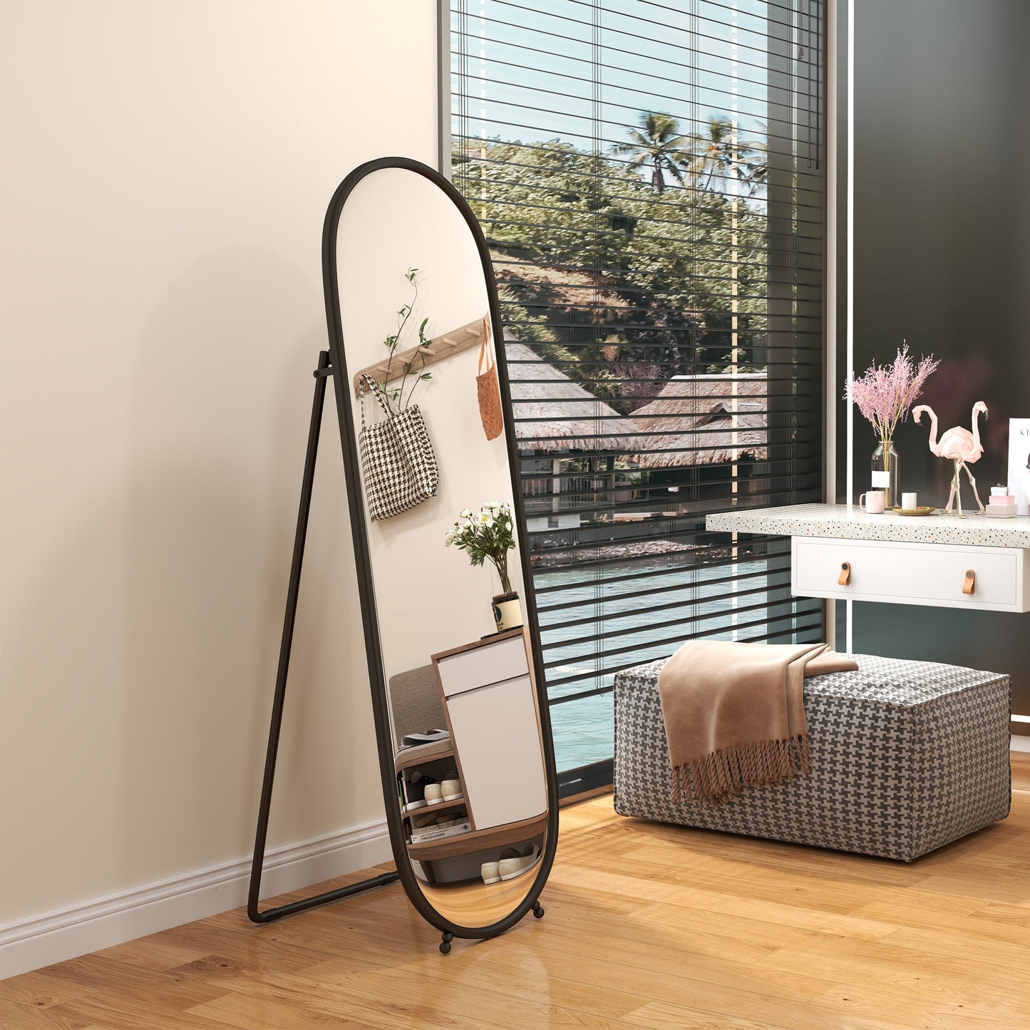 HOMCOM Oval Full Length Mirror with Metal Frame Hanging or Leaning Black