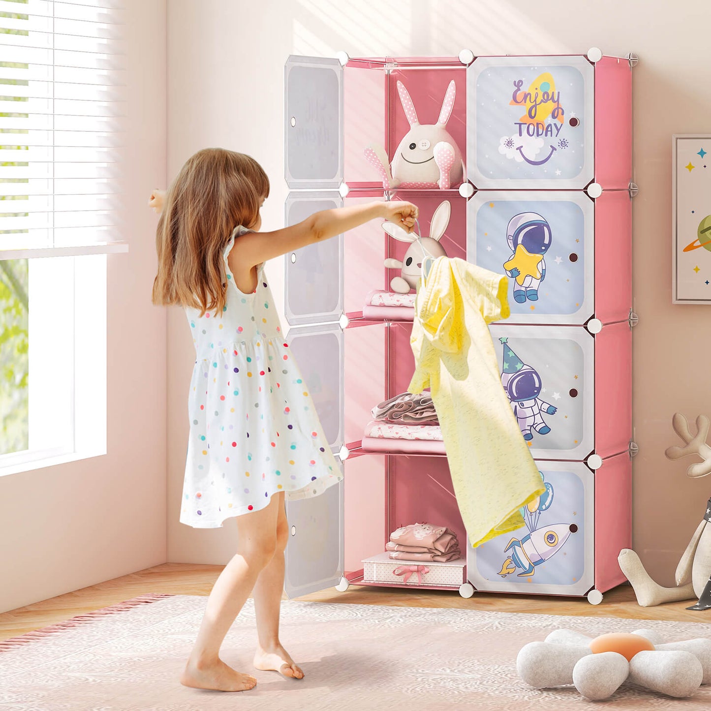 8-cube Baby Closet Organizer with Doors and Hanging Section-Blue