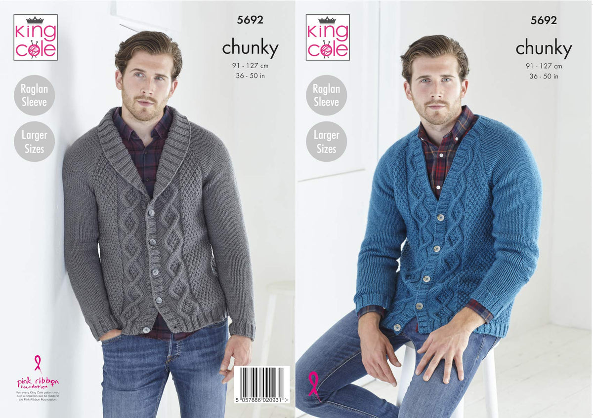 Knitting Pattern Mens Cable Cardigan and Jacket in Ultra-Soft Chunky King Cole 5692