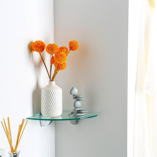 20cm Floating Glass Corner Shelf with Black Fixings