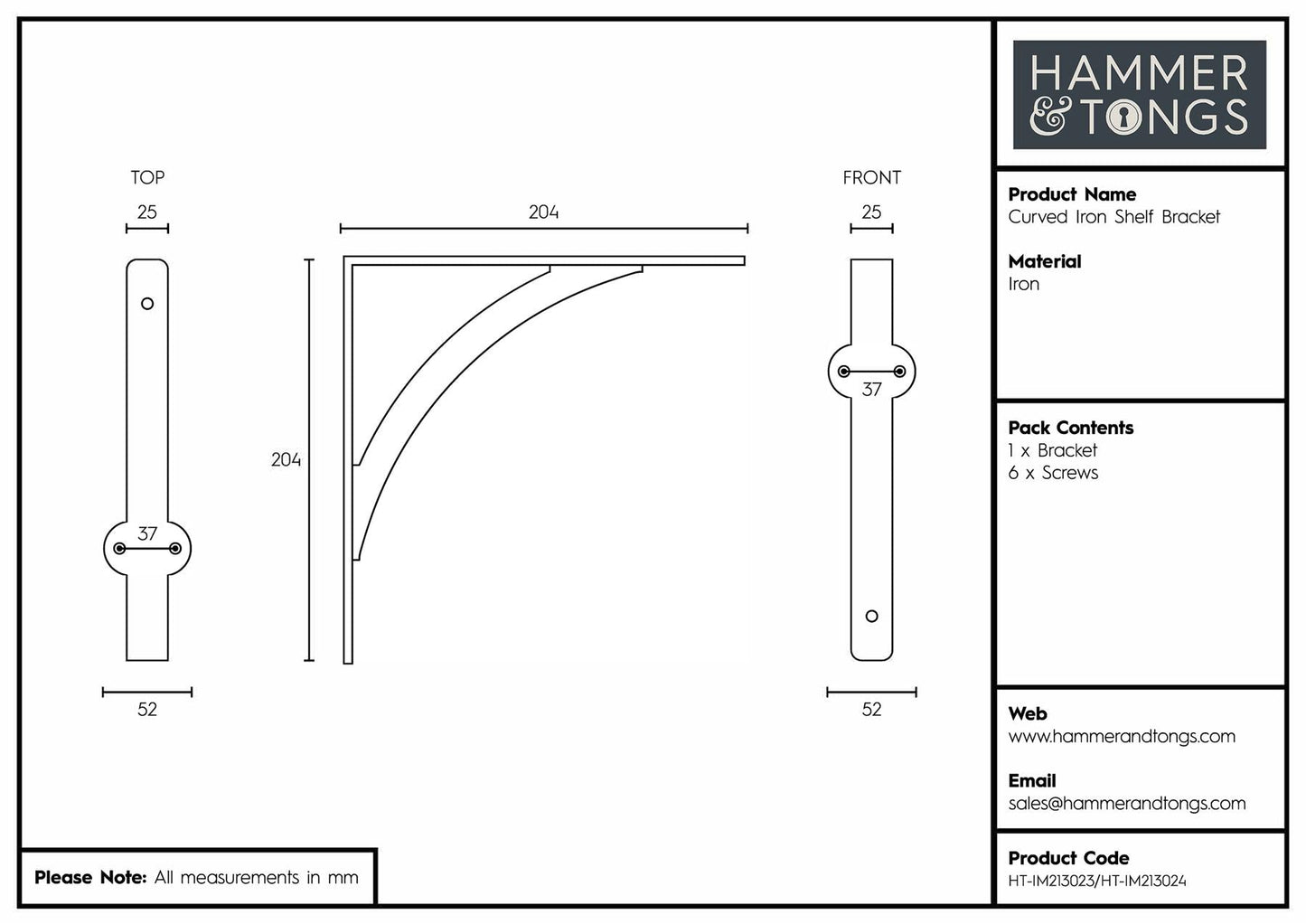205mm Curved Iron Shelf Bracket