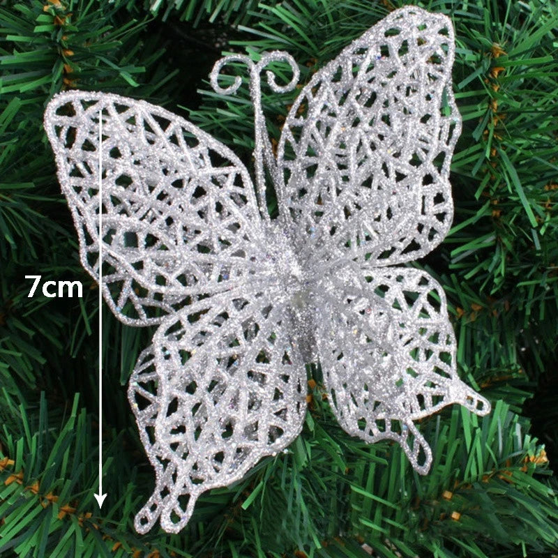10Pcs/Set Christmas Flowers Xmas Christmas Tree Decorations Glitter Hollow Wedding Party Decor Gold/Silver/Red/Green/Blue 8Z