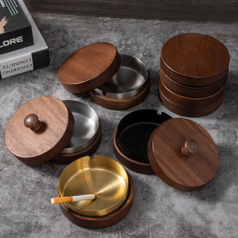 Wooden Trendy Unique Black Walnut Ashtray With Lid