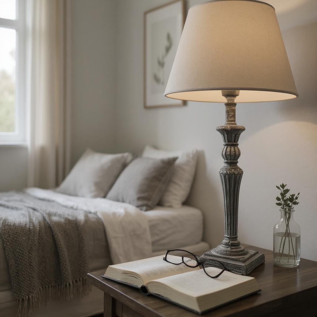 AcaciaHome Modern Tall Wooden Washed Table Lamp - Traditional Shabby Chic Design with Taupe Linen Shade, Wood Effect Finish for Living Rooms, Bedrooms, or Hallways Decor (32cm Grey with Cream Shade)