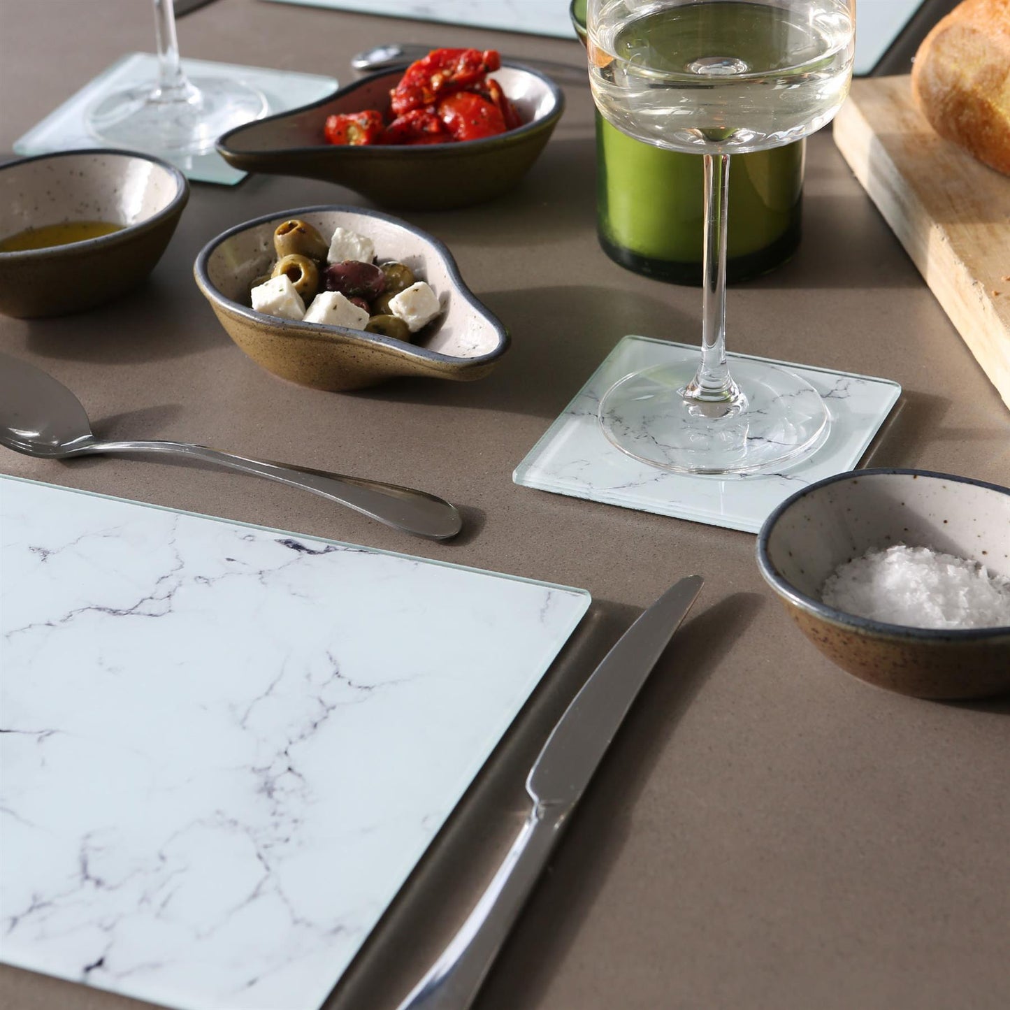 12pc Rectangle Glass Placemats & Square Coasters Set - 30cm x 20cm - Marble