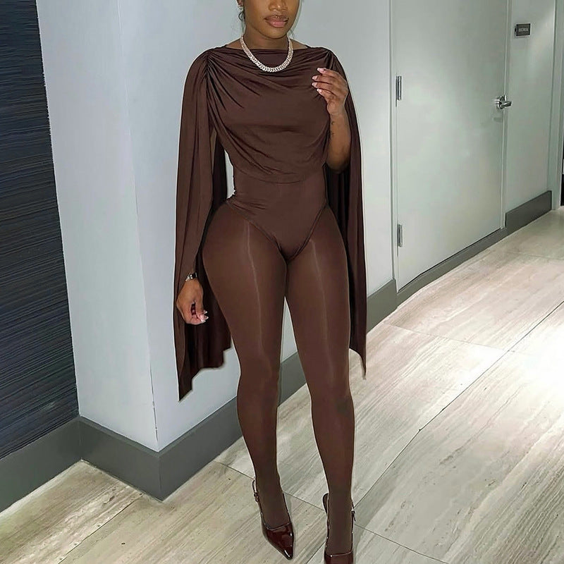 Solid Color Casual Slim-fitting Patchwork Long Sleeve Open Arm Mesh Long Conjoined Trousers