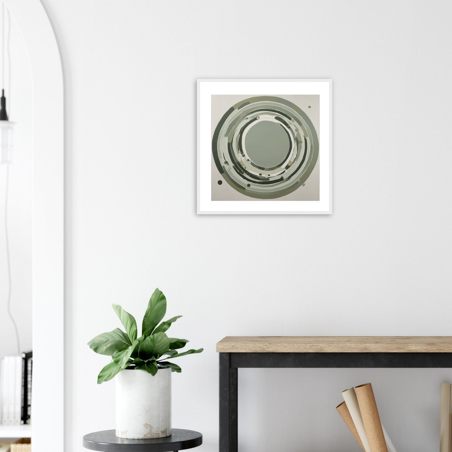 Sage Green Circular Abstract Framed Poster – Minimalist Geometric Wall Art