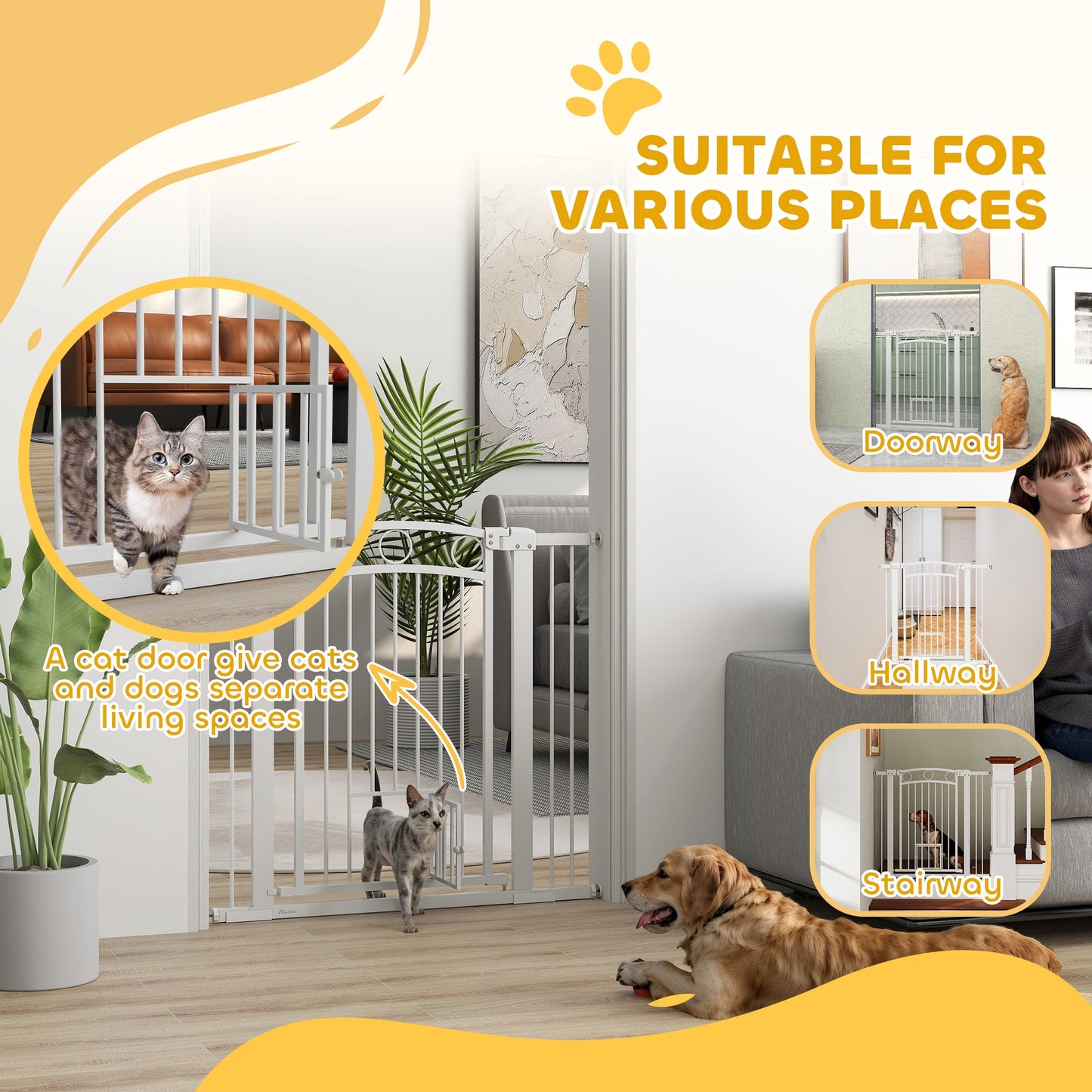 PawHut Stair Gate with Cat Door, Adjustable Width 76-104cm & 77cm Tall