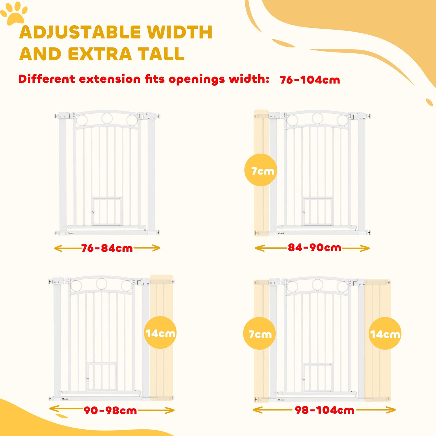 PawHut Stair Gate with Cat Door, Adjustable Width 76-104cm & 77cm Tall