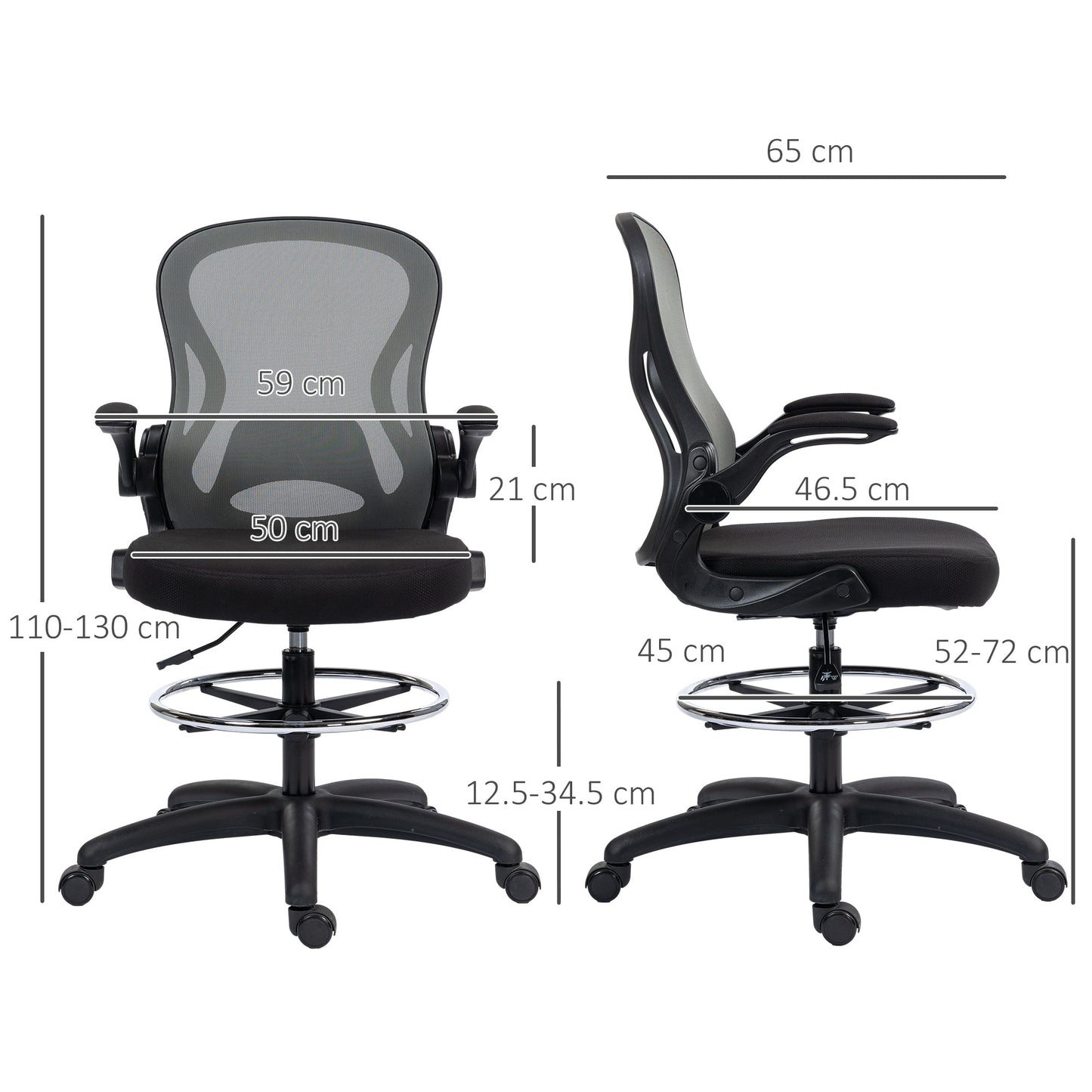 Vinsetto Draughtsman Chair Tall Office Chair w/ Adjustable Footrest, Dark Grey