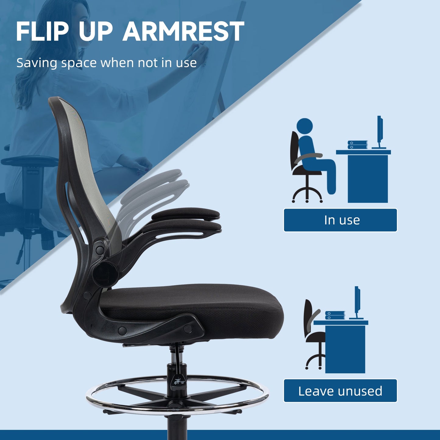 Vinsetto Draughtsman Chair Tall Office Chair w/ Adjustable Footrest, Dark Grey