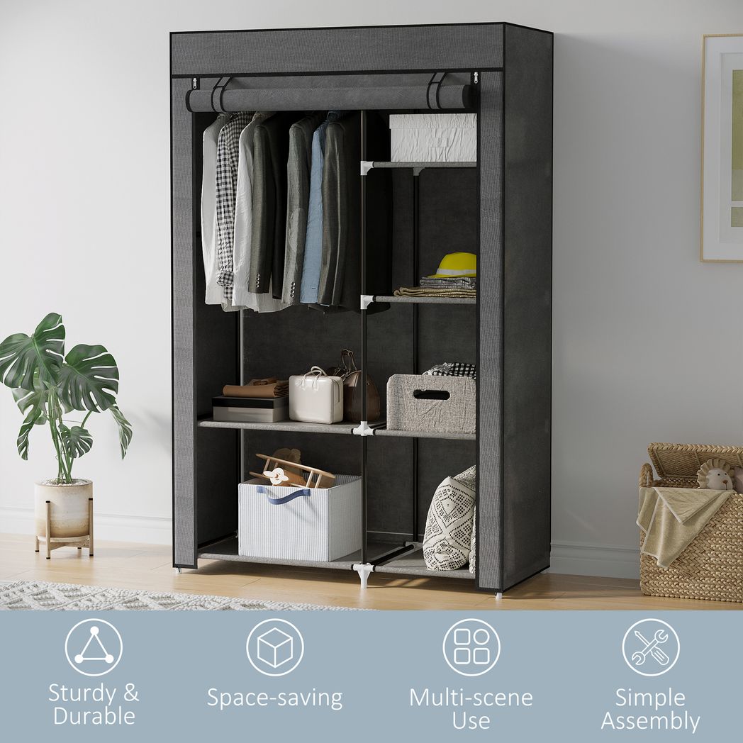 HOMCOM Fabric Wardrobe w/ Shelves Hanging Rail Foldable Closets