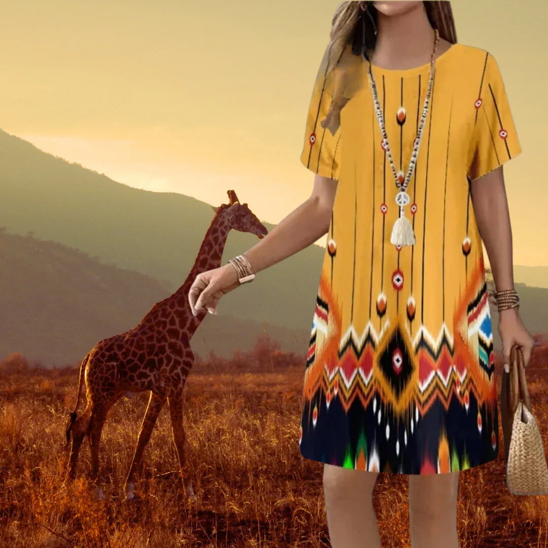 Boho 3D Flower & Feather Print Dress – Women's Loose Fit Summer Mini Dress with Short Sleeves