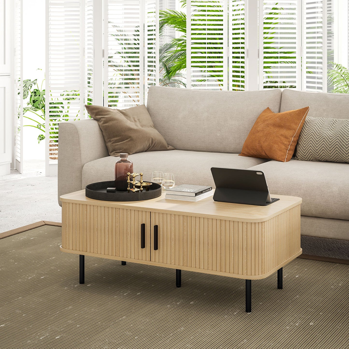 HOMCOM Coffee Table with Storage and Sliding Doors for Living Room, Oak