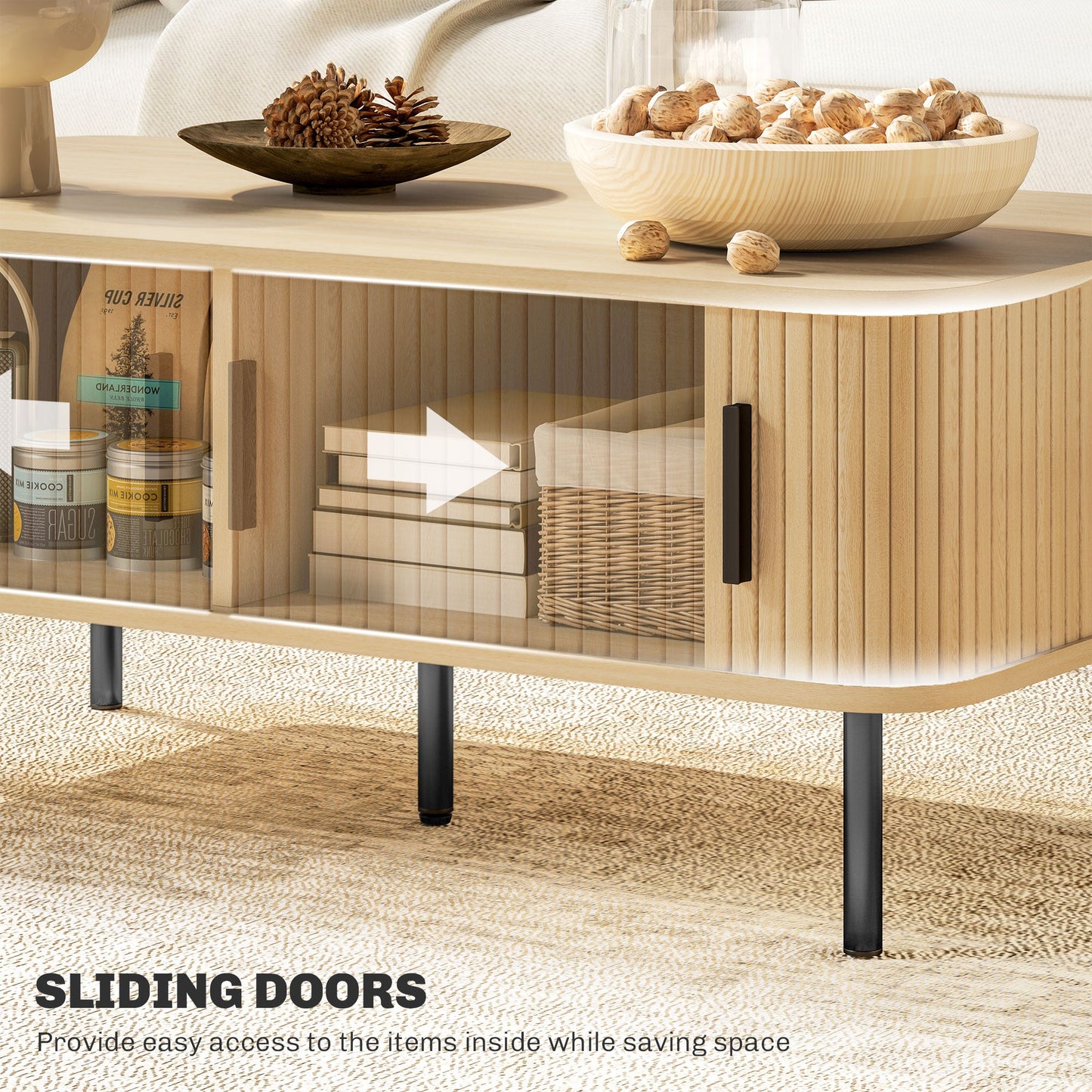 HOMCOM Coffee Table with Storage and Sliding Doors for Living Room, Oak