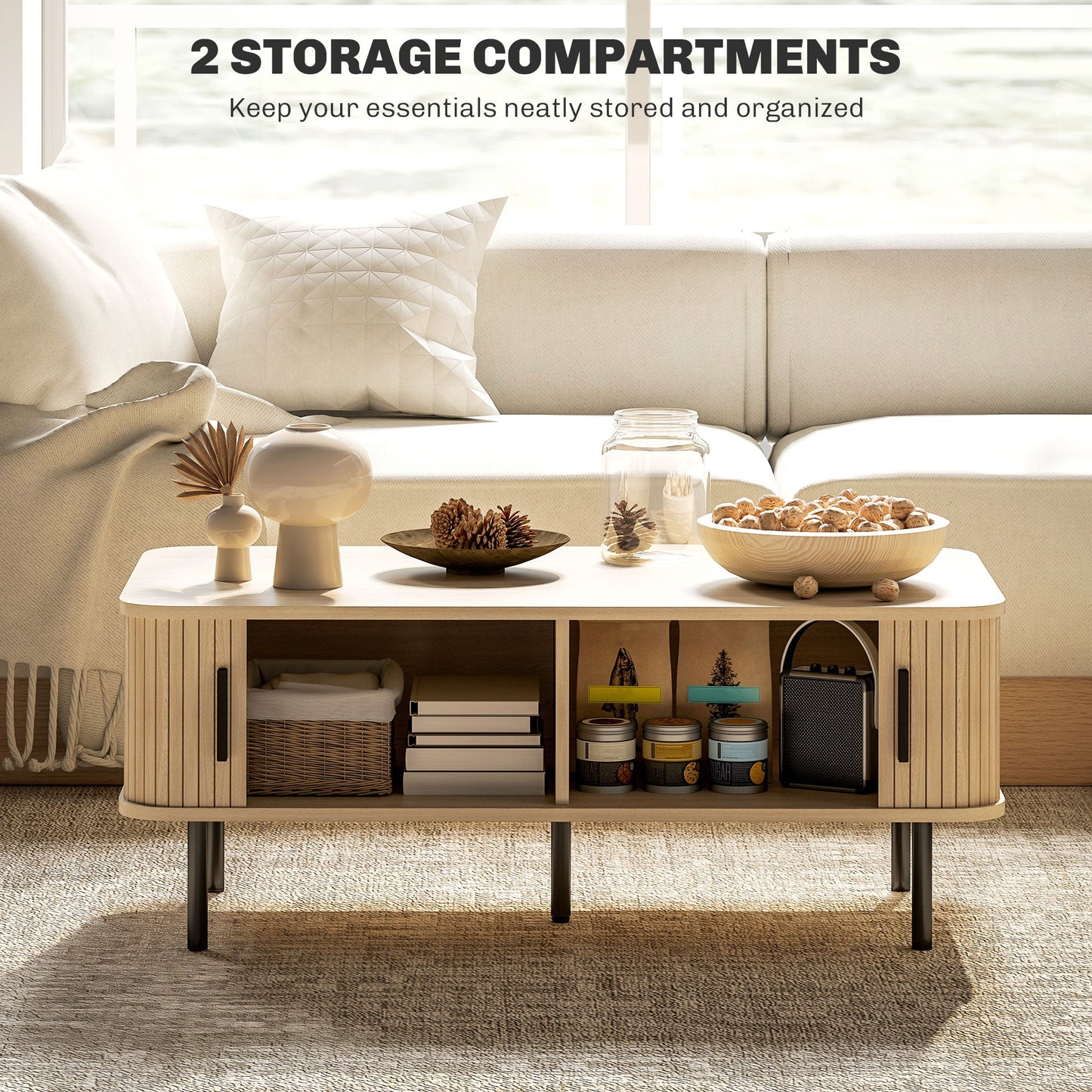 HOMCOM Coffee Table with Storage and Sliding Doors for Living Room, Oak