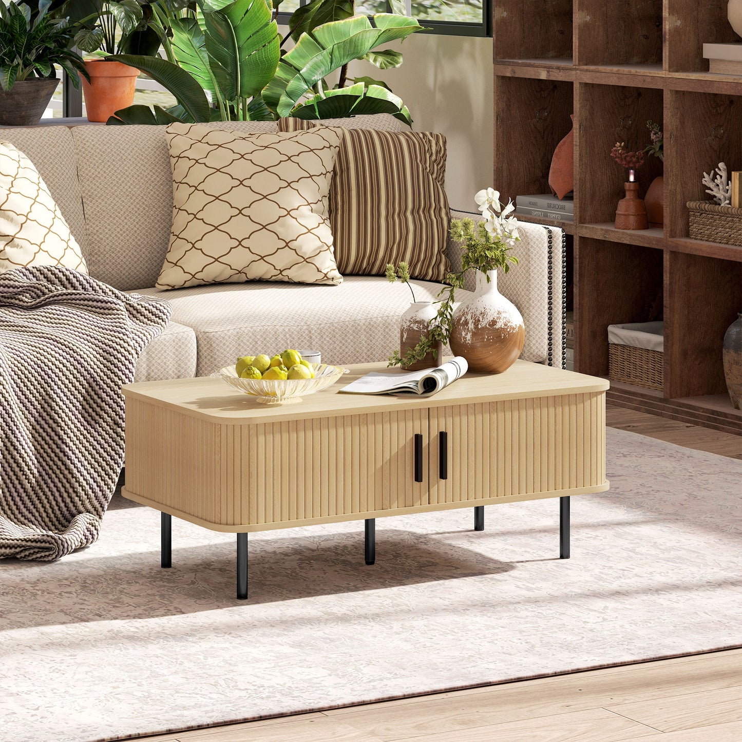 HOMCOM Coffee Table with Storage and Sliding Doors for Living Room, Oak