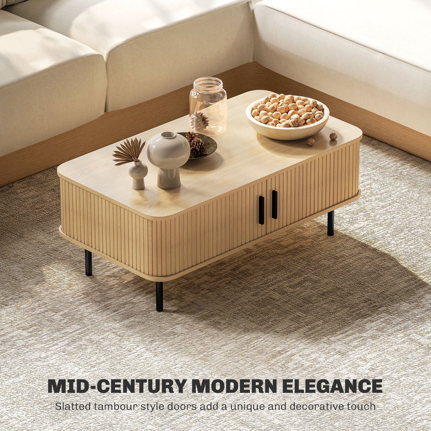HOMCOM Coffee Table with Storage and Sliding Doors for Living Room, Oak