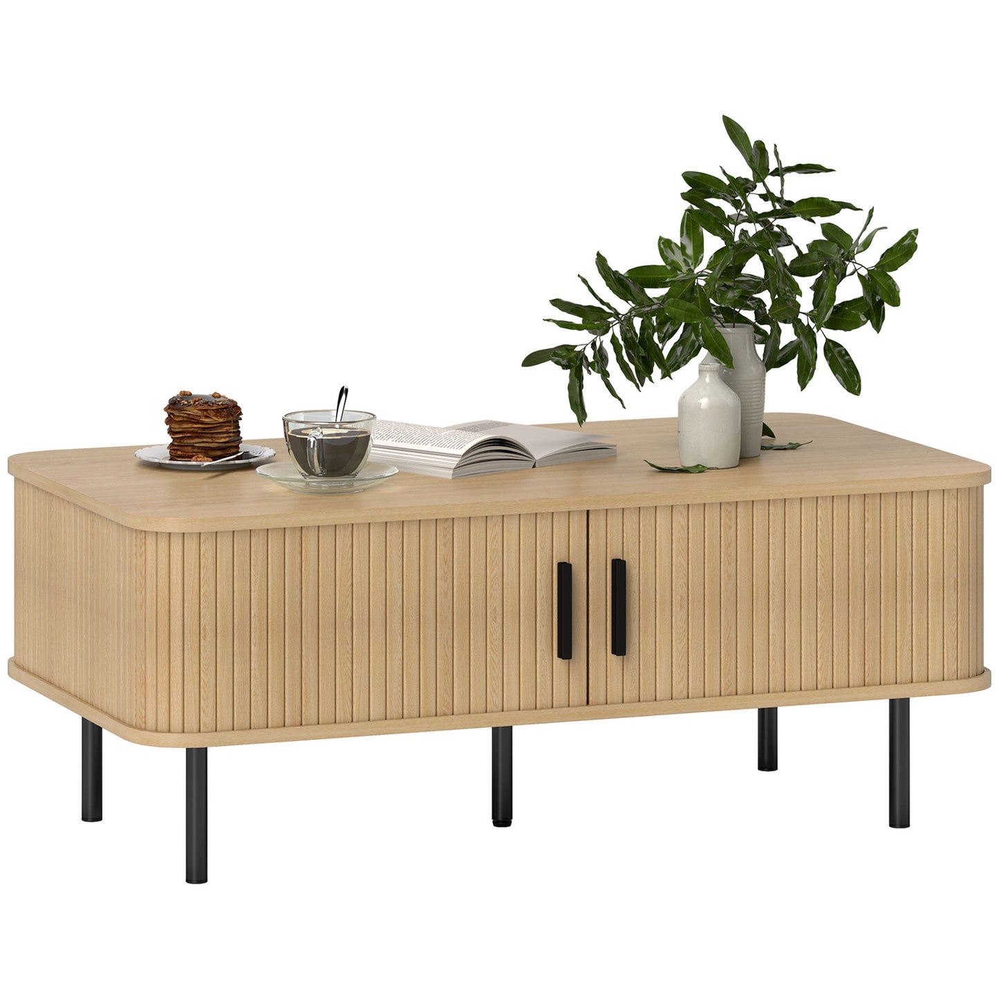 HOMCOM Coffee Table with Storage and Sliding Doors for Living Room, Oak